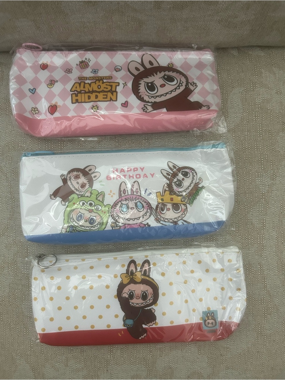 Kids Pink Plush Character Pencil Case - Set of three monster Design